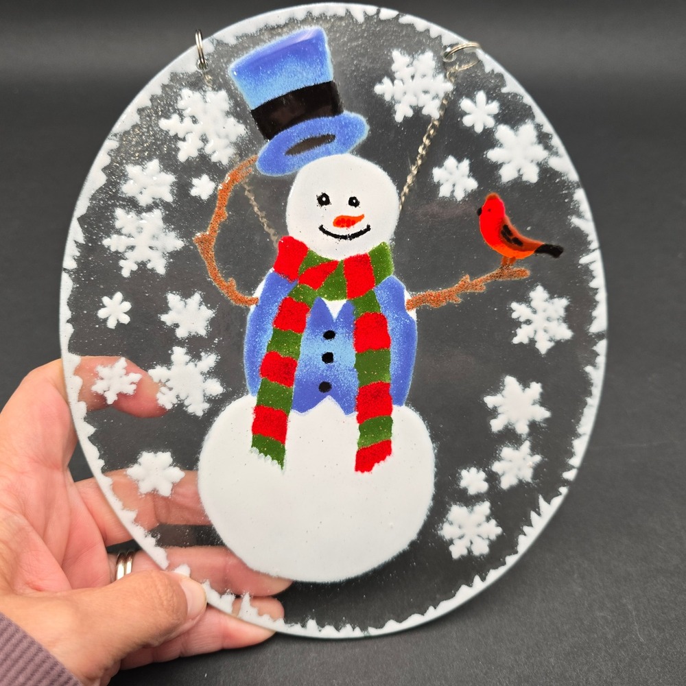 Fused Art Glass Snowman Suncatcher Fusion Art Glass InKogneto Winter Decor 7.5"